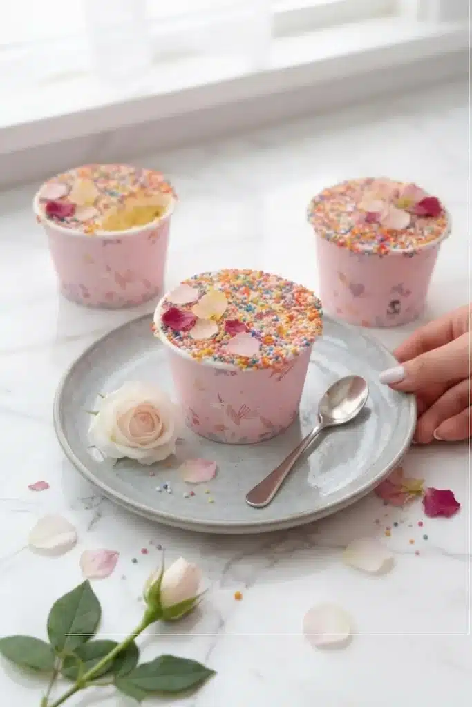 Viral dot cake: TikTok's trending sprinkle-covered mini cakes in pink unicorn cups with rainbow nonpareils and rose petals on marble.
