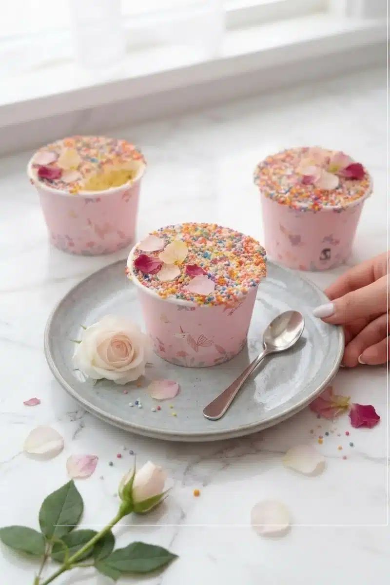 Viral dot cake: TikTok's trending sprinkle-covered mini cakes in pink unicorn cups with rainbow nonpareils and rose petals on marble.