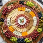Overhead view of a beautiful charcuterie mandala on a round wooden board, featuring symmetrical concentric rings of folded prosciutto, rolled salami, assorted cheeses, crackers, fresh grapes, figs, and rosemary garnishes.