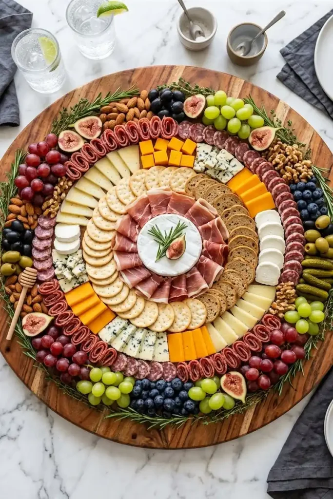 Overhead view of a beautiful charcuterie mandala on a round wooden board, featuring symmetrical concentric rings of folded prosciutto, rolled salami, assorted cheeses, crackers, fresh grapes, figs, and rosemary garnishes.