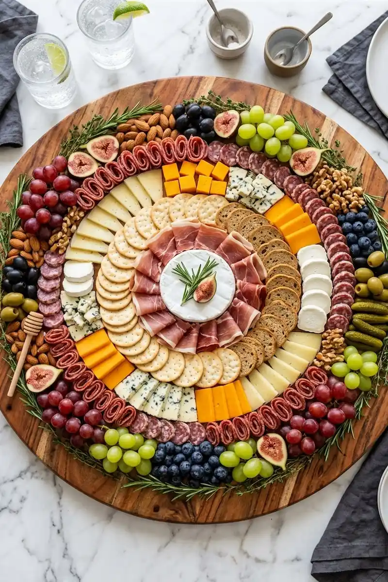 Overhead view of a beautiful charcuterie mandala on a round wooden board, featuring symmetrical concentric rings of folded prosciutto, rolled salami, assorted cheeses, crackers, fresh grapes, figs, and rosemary garnishes.