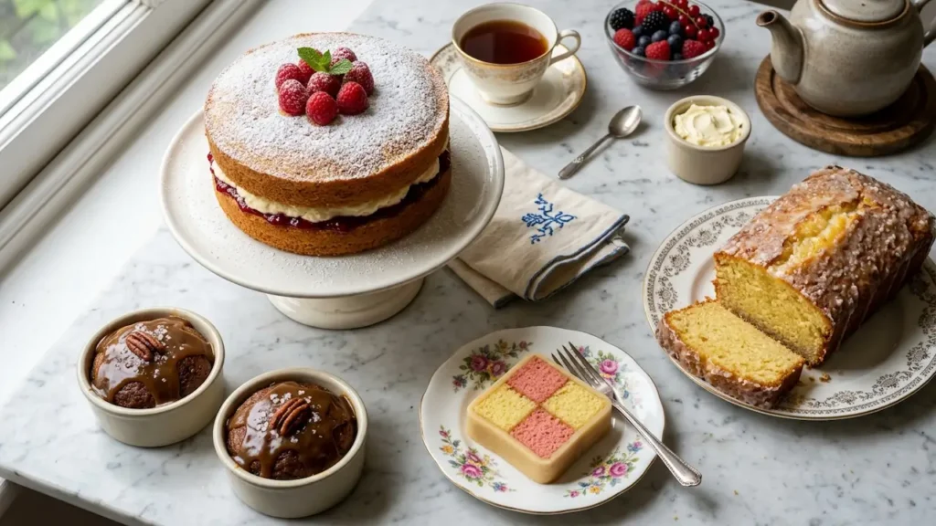 Overhead view of famous London cakes including Victoria sponge, lemon drizzle cake, sticky toffee pudding, and Battenberg cake, arranged on vintage cake stands.