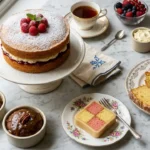 Overhead view of famous London cakes including Victoria sponge, lemon drizzle cake, sticky toffee pudding, and Battenberg cake, arranged on vintage cake stands.